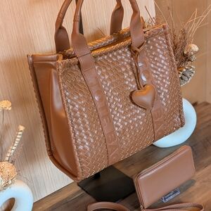 Brown Woven Tote Bag With Wallet And Heart Charm And Crossbody Strap.